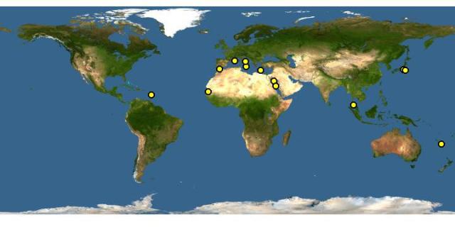Χάρτης της παγκόσμιας εξάπλωσης της γαρίδας Plesionika narval (συμιακό γαριδάκι)